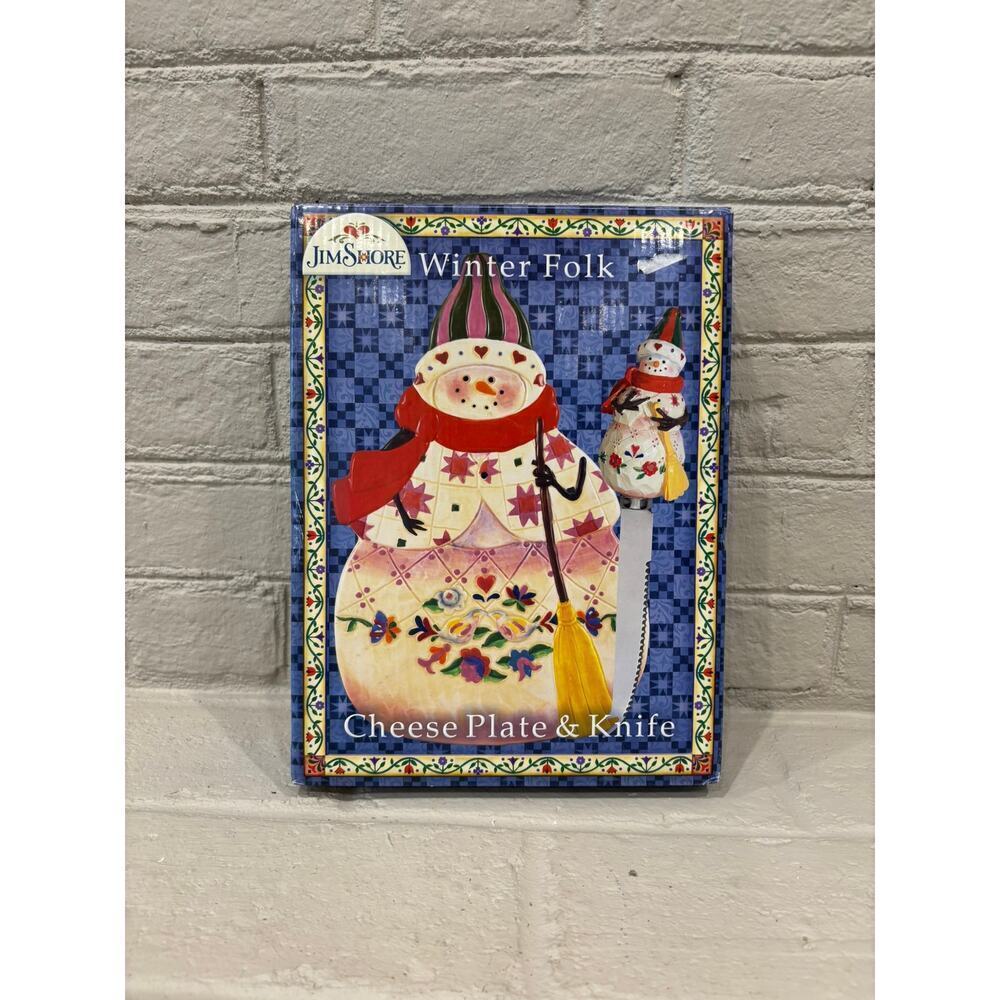Jim Shore Snowman Cheese Plate & Knife Hand Painted Ceramic NIB